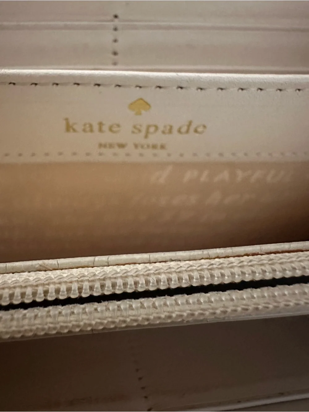 kate spade Two-Tone Pebbled Leather Wallet in Cream & Brown with Gold Plaque